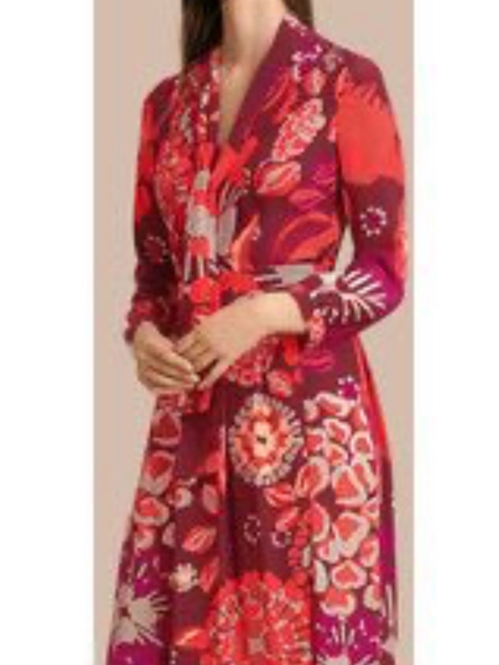 Burberry Long Sleeve Silk Floral Abstract Burgundy Midi Dress W Neck Tie Sz 8 - Picture 2 of 16
